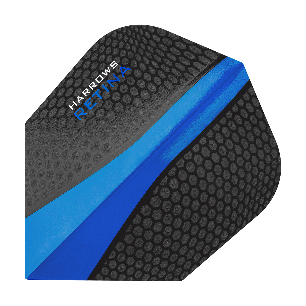 Dies ist ein Harrows Retina Blau No6 Flight für Dartpfeile. Er hat ein schwarzes Wabenmuster mit einem markanten blauen Streifen in der Mitte.